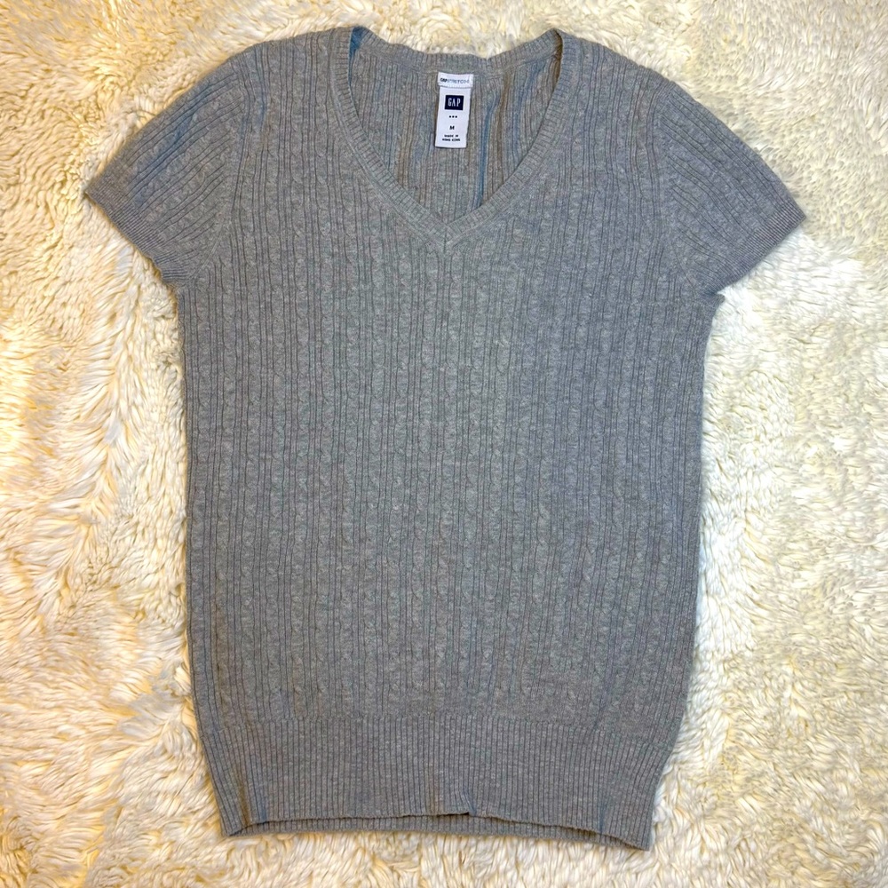 GAP Cotton Short Sleeve Vintage V-Neck Ribbed Cable Knit Top
